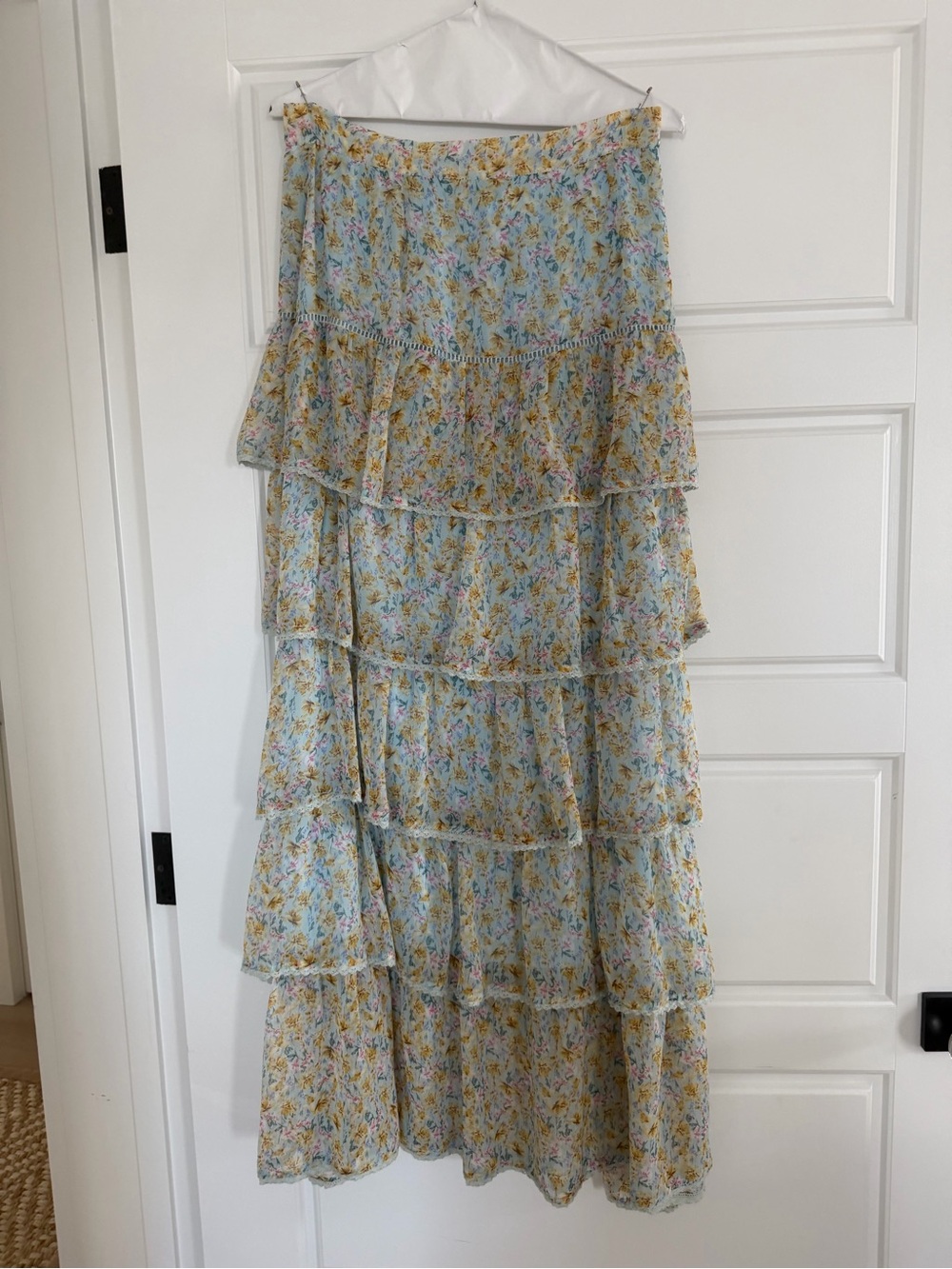 Allison Clothing Floral Tiered Maxi Skirt with Yellow & Pink Accents